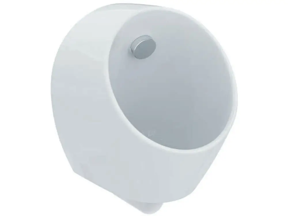 Weißes Urinal von Ideal Standard, wandmontiert, mit runder Form und einem silbernen Betätigungsknopf. Einheitliches Design ohne Wasserzulauf.